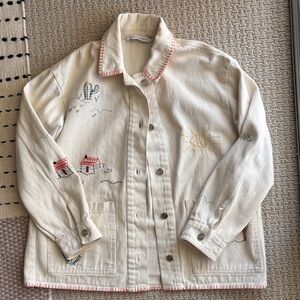 Zara Cream Embroidered Chore Jacket with Red Trim/Mexican Souvenir Style